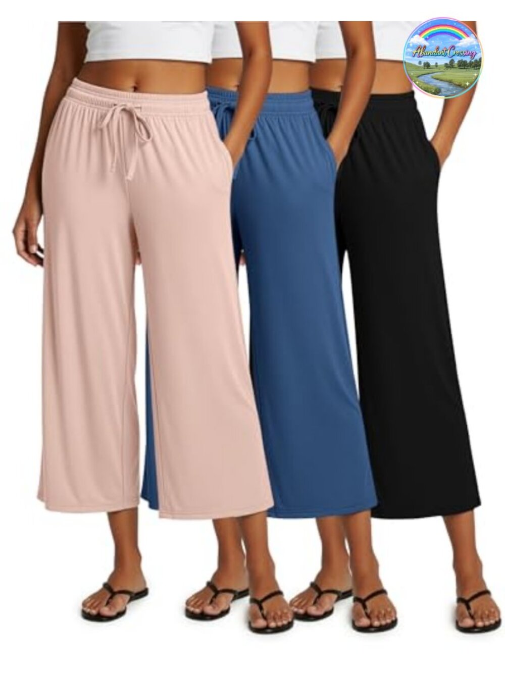 3 Pack Women's Wide Leg Capri Pants High Waist Pockets Lounge Sleep
